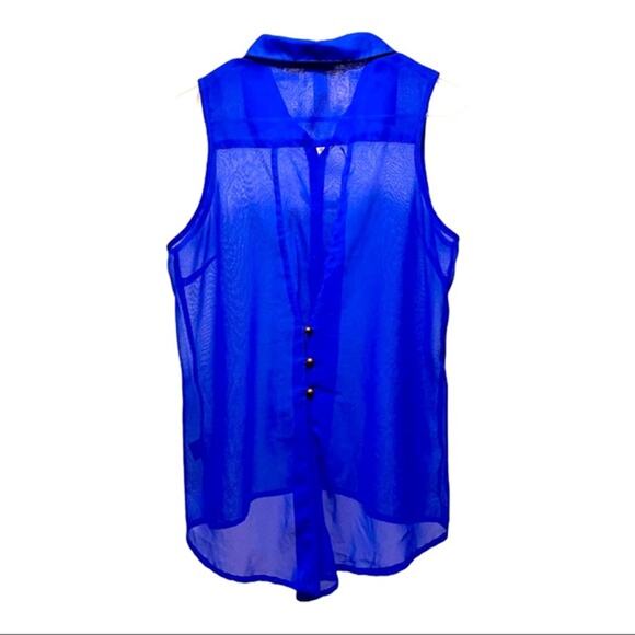 Women's Blue Sheer Blouse Back Button Design - Picture 3 of 4